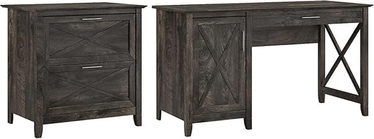 Bush Furniture Key West 54W Computer Desk with Storage and 2 Drawer Lateral File Cabinet in Dark Gray Hickory