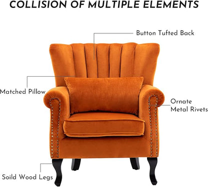 Accent Reading Arm Chairs Set of 2 Midcentury Modern Comfy Corner Sofa Chair, Wingback Waiting Room Club Chair with Tufted Back for Living Room/Bedroom/Reception Room, Velvet Orange