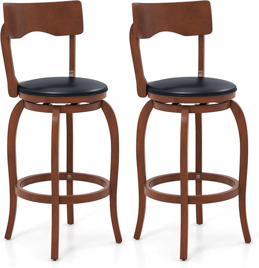 COSTWAY Bar Stools Set of 2, 29 Inch Swivel Bar Height Chairs with Rubber Wood Frame, Upholstered Seat, High Back Barstools for Kitchen Island, Home Bar, Pub, Brown (2, Seat Height: 29”)