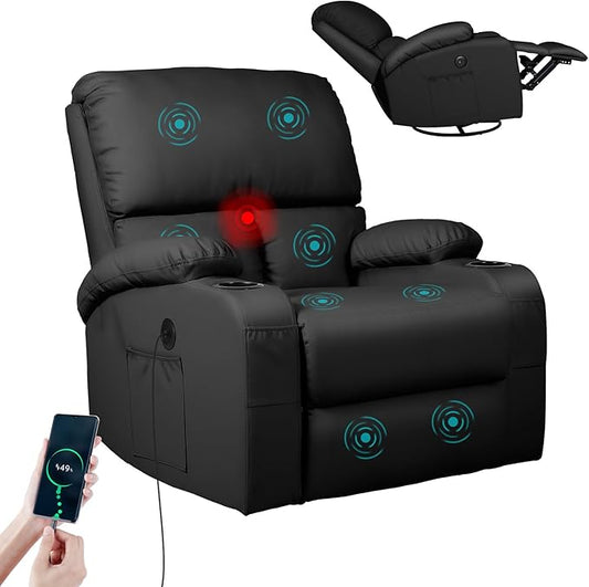 LEVELEVE Rocking Recliner Chair, Massage Rocker Recliner Chair with Vibration Massage and Heat, USB and Type-C Ports,360° Swivel Faux Leather Chairs, Living Room, Bedroom, Nursery, RV, Black
