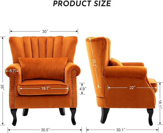 Accent Reading Arm Chairs Midcentury Modern Comfy Corner Sofa Chair, Wingback Waiting Room Club Chair with Tufted Back for Living Room/Bedroom/Reception Room, Velvet Orange