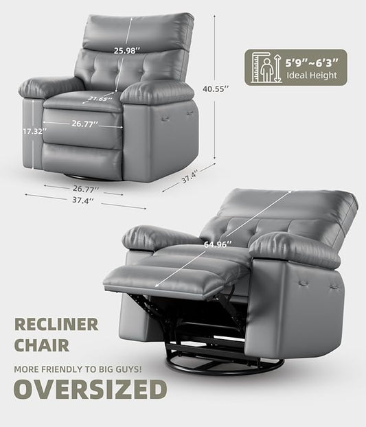 GarveeHome Oversized 27" Recliner Chairs, Classic Manual Leather Recliner, Home Theater Seating with Lumbar & Arms Support for Living Room, Bedroom and Nursery - Grey