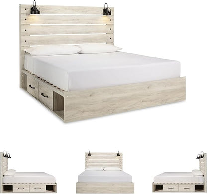 Signature Design by Ashley Cambeck Farmhouse King Panel Platform Bed with 4 Storage Drawers, Cubbies, Sconce Lights and USB Ports, Foundation or Box Spring Not Needed, Whitewash