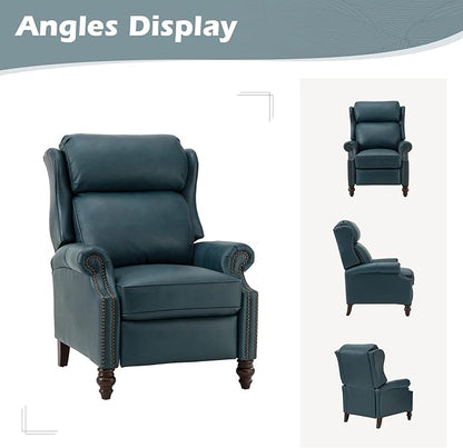HULALA HOME Genuine Leather Recliner Chair, Traditional Manual Pushback Comfy Seating for Living Room, Thick Cushion & Solid Wood Legs, Wingback Recliner with Nailhead Trim, Turquoise
