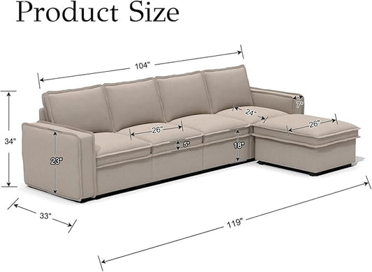 EALSON 119" Modular Sectional Sofa Comfy Cloud Couch with Ottoman Modern Convertible L Shape Couches with Wooden Legs Linen Deep Seat Couch 4-Seater Sofa with Ottoman for Living Room/Apartment,Oatmeal