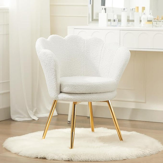 Teddy Vanity Chair with Back, Mid-Century Modern Small Accent Chair for Living Room, Golden Metal Legs Upholstered Boucle Makeup Chair, 1Pcs Bedroom Armchair, White