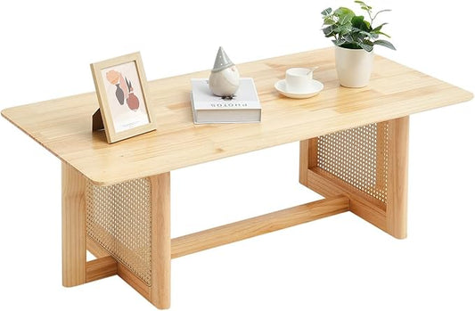 VEVOR Rattan Coffee Table, Rectangle Woven With Rubber Wood Top, 47-Inch Modern Boho Storage Table With Natural Legs, for Living Room, Bedroom & Small Spaces