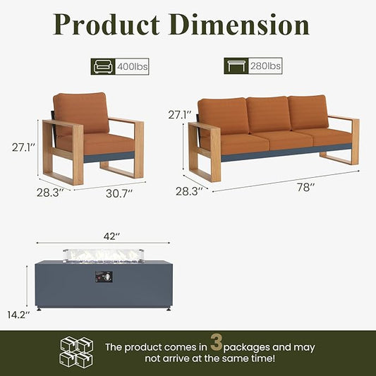 LayinSun 4 Pieces Aluminum Patio Furniture Set with Fire Pit Table, Oversized Seat with Hight Back, Outdoor Conversation Sets for Porch, Balcony, Deck
