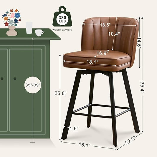 Swivel Counter Height Bar Stools Set of 4, 26'' Modern Barstools with Backs and Metal Legs, Upholstered Bar Chairs, Faux Leather Dark Brown Stools for Kitchen Island Chairs