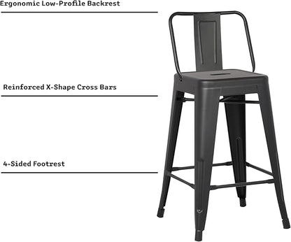 AC Pacific 24” Metal Barstool Set of 2 – Country Rustic Style with Low Back, Lightweight & Sturdy Build, Easy Assembly – Black Matte