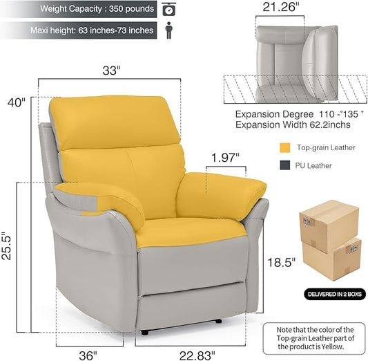 AIRSKY Genuine Leather Recliner Chair, Top Grain Leather, Italian Water-Washing Process, Living Room Chair with Lumbar Support,for Theater Seating, Bedroom. R1, Grey