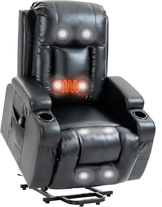 PELUMY Manual Lift Recliner Chair for Elderly with Massage & Heat, Oversized Heavy Duty 350 lbs Recliner with Cup Holders & USB Ports, Infinite Positioning Lift Chair (Breathable Leather, Black)