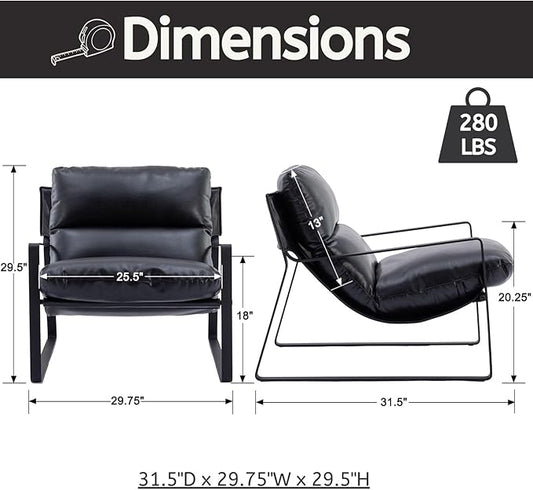 LukeAlon Modern PU Leather Accent Armchair, Upholstered Living Room Chair with Metal Base Removable Thickened Cushion Single Sofa Chair Comfy Lounge Chair for Bedroom Living Room Office, Black