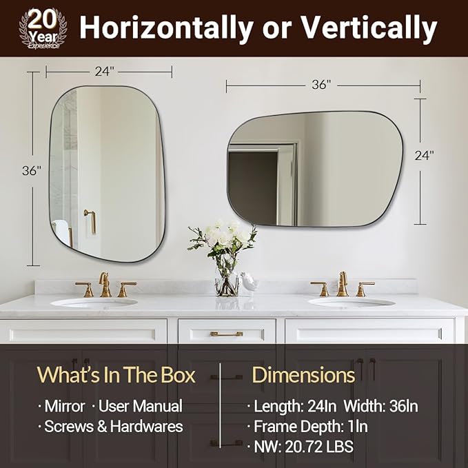 ANDY STAR Brushed Nickel Mirror, 24"x36" Silver Asymmetrical Wall Mirror for Bathroom, Unique Irregular Design with SUS304 Stainless Steel Metal Frame, Ideal for Bathroom, Bedroom, Entryway