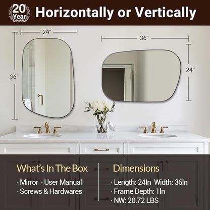 ANDY STAR Chrome Irregular Mirror, 24"x36" Silver Asymmetrical Wall Mirror in Stainless Steel Metal Frame, Unique Vanity Mirror with Modern Curved Design, Ideal for Bathroom, Bedroom, Entryway