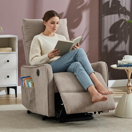PELUMY Manual Lift Recliner Chair with Massage and Heat for Elderly, Single Motor Electric Lift Chair, Heavy Duty Recliner with USB Charging & Side Pockets (Chenille, Khaki)