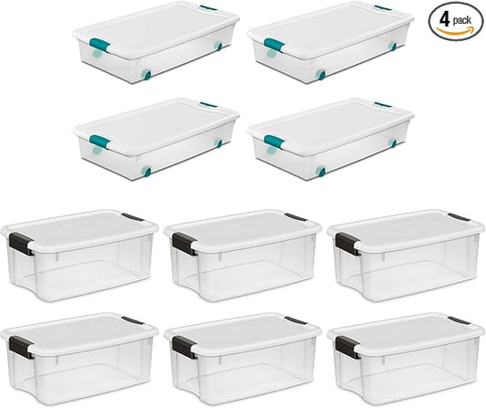 Sterilite 4 Set of 56-Quart Wheeled Storage Bin & 6 Set of 18-Quart Plastic Storage Container w/Latching Lid and Clear Base for Home Organization
