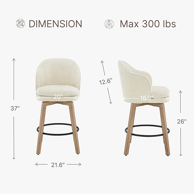 Counter Height Barstools 26 inch Upholstered Swivel Bar Stools with Back and Wood Legs for Kitchen Island,Set of 2,Linen Fabric