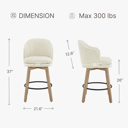 Counter Height Barstools 26 inch Upholstered Swivel Bar Stools with Back and Wood Legs for Kitchen Island,Set of 2,Linen Fabric