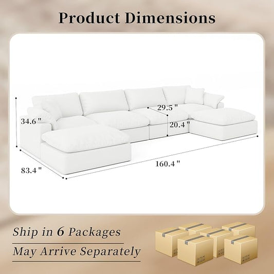 Modular Sectional Sofa Cloud Couch,Down Filled Comfy Cloud Modern Sofa,White Linen U Shape 6 Seater Oversized Couch Cushion Covers Removable for Living Room