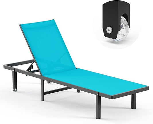 Pool Lounge Chairs, Chaise Lounge Outdoor with Wheels and 5-Position Recliner -Easy to Move- Aluminum Patio Lounge Chair for Poolside, Deck (Lakeblue)