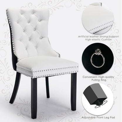 Leather Upholstered Dining Chairs Set of 2, Modern Style Kitchen Side Chairs with Nailhead Trim and Wood Leg, Metal Pulling Ring for Dining Room Living Room(Black&White,Set of 2)