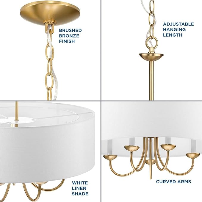 Progress Lighting Drum Shade Collection Five-Light Chandelier, Farmhouse Style Hanging Ceiling Light Fixture for Dining Rooms, Foyers, White Fabric Shade, Brushed Bronze