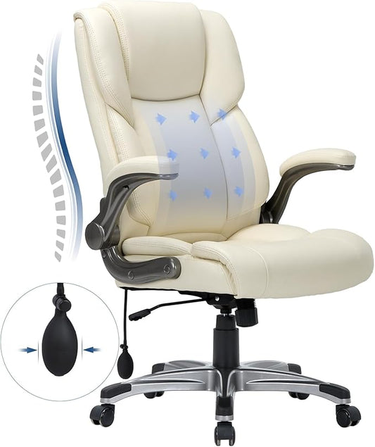 COLAMY High Back Executive Office Chair- Ergonomic Home Computer Desk Leather Chair with Padded Flip-up Arms, Adjustable Tilt Lock, Swivel Rolling Chair for Adult Working Study-Ivory