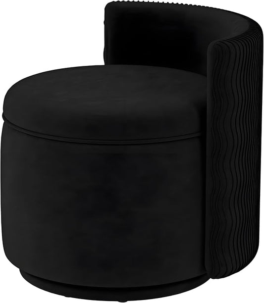 360° Swivel Accent Chair with Storage, Vanity Stool with Back, Velvet Storage Ottoman, Upholstered Round Barrel Vanity Chair for Living Room, Makeup Room, Bedroom (Black)