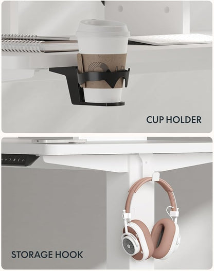 FLEXISPOT Standing Desk with Monitor Stand, 55 x 24 Inches One-Piece Electric Height Adjustable Computer Desk with Cup Holder, Home Office Desks (White Frame+ White Top)