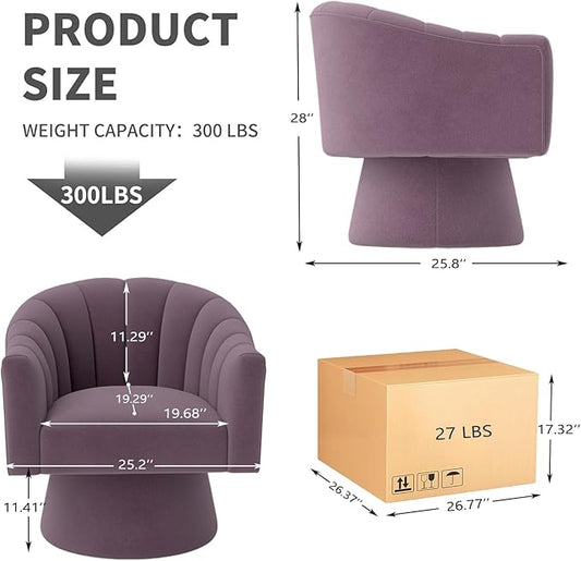 Swivel Accent Chair Set of 2, Upholstered Velvet 360° Swivel Barrel Chair for Living Room Overstuffed Bouncle Reading Chair Round Armchair for Bedroom,Vanity,Office (Purple)