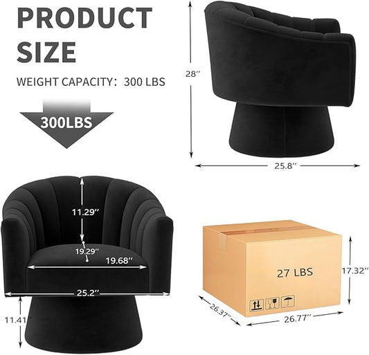 Swivel Accent Chair Set of 2, Upholstered Velvet 360° Swivel Barrel Chair for Living Room Overstuffed Bouncle Reading Chair Round Armchair for Bedroom,Vanity,Office (Black)