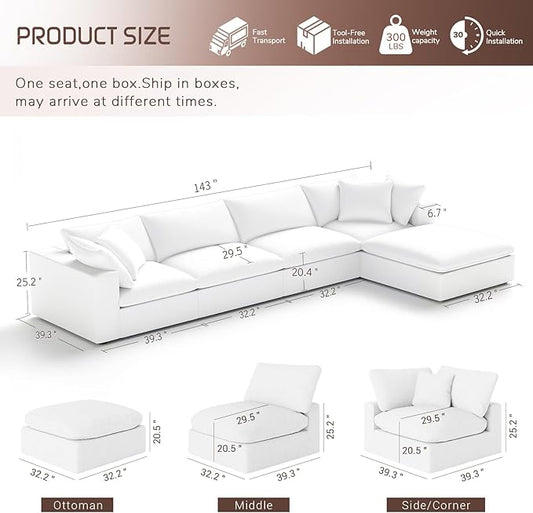Cloud Modular Sectional Sofa,143" Down Filled Sofa 4 Seat with Chaise,Minimalist Sofa Cover Washable and Replaceable Couches for Living Room,Sectional Sofa Deep Seat White
