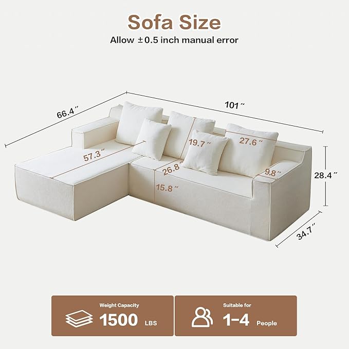 Boneless Couch Sectional, Comfy Memory Foam Sofa in a Box, Modern Cloud Couch with 5 Headrests, Comfy L-Shape Sofa for Living Room (White, Velvet)
