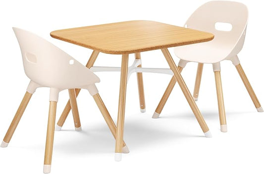 Lalo The Play Kit - Kids Table & Chairs Set with Sustainably Sourced Wood Table & 2 Non-Toxic Bucket Seat Chairs - Safe & Comfortable - Natural/Grapefruit
