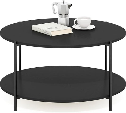 Furinno BESI Coffee Table, 2-Tier Round Modern Coffee Table with Metal Legs, Metal Frame Side Table with Open Shelf, for Living Room, Bedroom, Home Office, Americano
