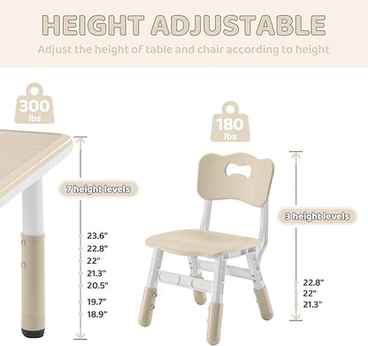 Kids Table and 4 Chairs Set, Height-Adjustable Toddler Table and Chairs Set with Graffiti Desktop, 23.6''L x 23.6''W Children Activity Table for Daycare, Classroom, Home