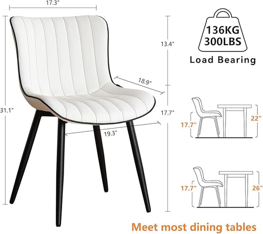 YOUNUOKE Mid-Century Modern Dining Chairs Set of 2, White PU Leather Upholstered Kitchen Chairs with Black Metal Legs, Armless Accent Chair for Dining Room, Guest Reception Room