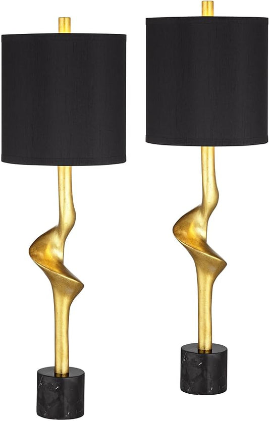Possini Euro Design Minerva 32" Tall Modern Glam Luxe End Table Lamps Set of 2 Sculptural Gold Leaf Black Shade Living Room Bedroom Bedside Nightstand Office Home Reading Kitchen Entryway Console