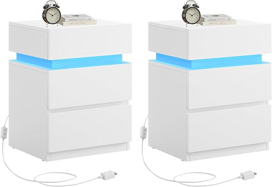 VASAGLE Nightstands with LED Lights, Set of 2, Adjustable Light Colors, Bedside Tables, Side Tables with 3 Drawers, Modern Style, 13.8 x 15.7 x 21.7 Inches, Cloud White ULET799T12