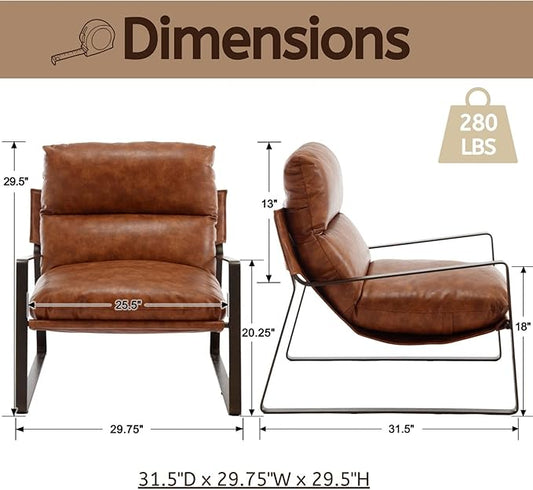 LukeAlon Modern PU Leather Accent Armchair, Upholstered Lounge Chair with Brass Metal Frame Thickened Cushion Comfy Leisure Chair with Lychee Grain for Bedroom Living Room, Brown
