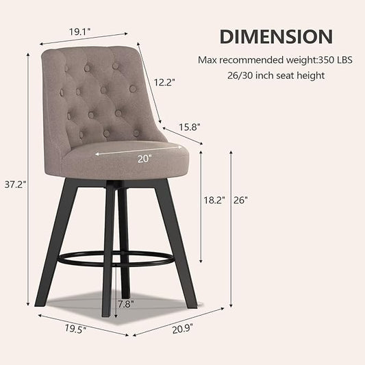 MINCETA Set of 4 Upholstered Bar Stools - 26 Inch Swivel Counter Height Stools with Low Tufted Back, Footrest & Performance Fabric - Round Seat for Kitchen Island & Home Bar Taupe