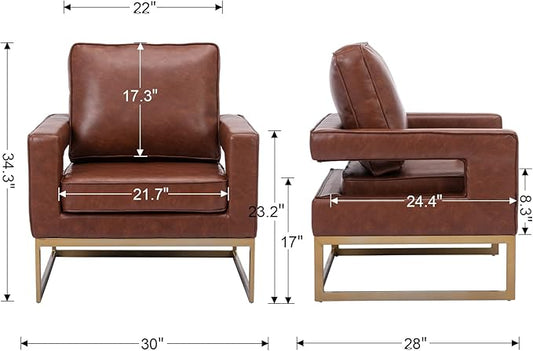 Modern Accent Chair, PU Leather Upholstered Side Chair with Backrest, Comfy Armchair Side Chair with Golden Metal Base for Living Room Reception Room, 1PC, Brown