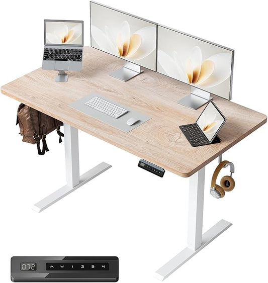 FEZIBO One-Piece Standing Desk Adjustable Height Stand up Home Office Desk, 48x24 Inch Electric Standing Computer Desk, with 4 Memory Presets, Headphone Hook, Maple