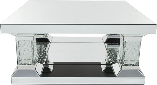 Deco 79 Wood Mirrored Coffee Table with Crystal Embellishments, 39" x 39" x 18", Silver