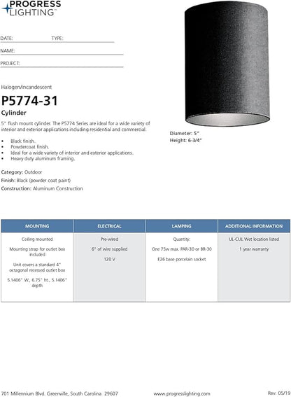 Progress Lighting 5-Inch Cylinder Outdoor Ceiling Light, 1-Light Modern Flush Mount Ceiling Light Fixture, Interior and Exterior Lighting for Home or Porch, Aluminum Construction, Black (P5774-31)