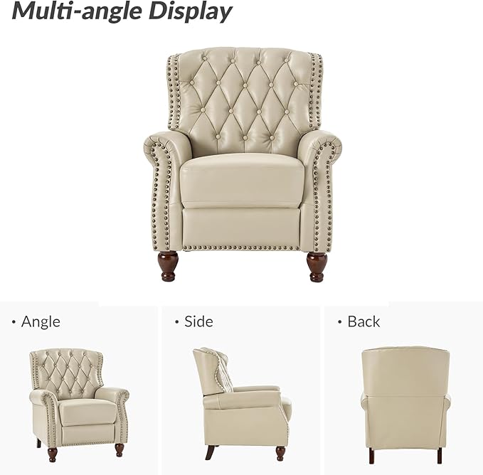 HULALA HOME Genuine Leather Recliner Chair with Solid Wood Feet, Modern Adjustable Tufted Push Back Arm Chair w/Rivet Decoration, Home Theater Seating Single Reclining Sofa for Living Room, Beige