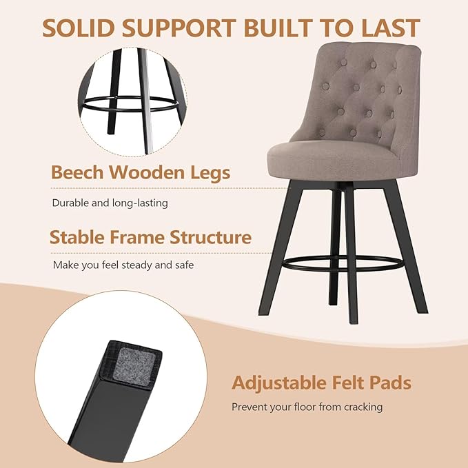 MINCETA Set of 4 Upholstered Bar Stools - 26 Inch Swivel Counter Height Stools with Low Tufted Back, Footrest & Performance Fabric - Round Seat for Kitchen Island & Home Bar Taupe