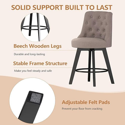 MINCETA Set of 4 Upholstered Bar Stools - 26 Inch Swivel Counter Height Stools with Low Tufted Back, Footrest & Performance Fabric - Round Seat for Kitchen Island & Home Bar Taupe