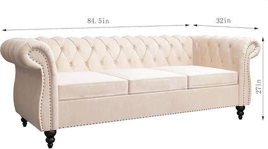Chesterfield 3 Seater Sofa, Modern Velvet Tufted Couch 3 Seater with Rolled Arms and Nailhead Mid-Century Upholstered Couch for Living Room, Bedroom, Apartment and Office, Beige